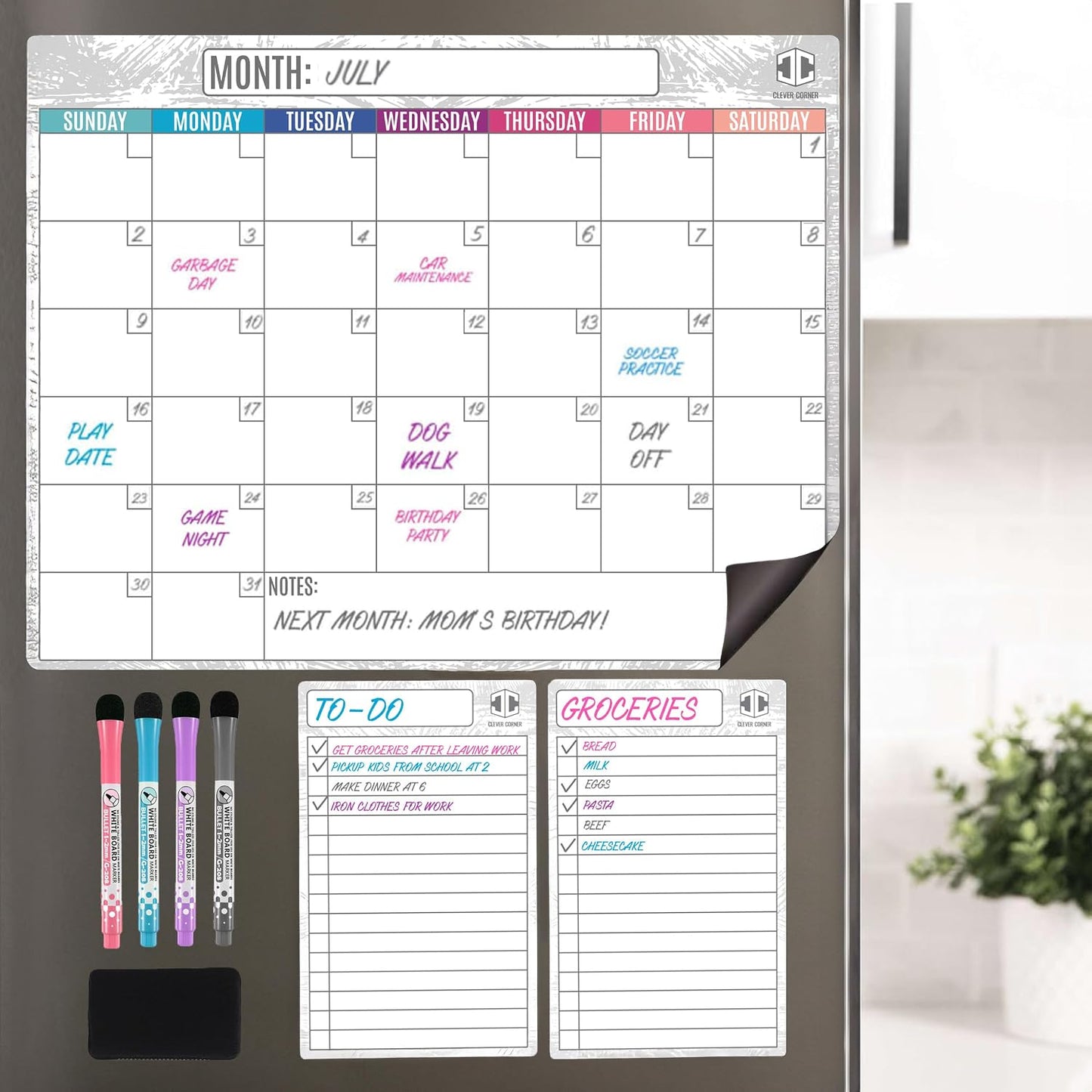 Dry Erase Magnetic Calendar for Refrigerator 16.5x13; 2 Wide Notepads; 4 Markers; Eraser - No Stain Monthly Fridge Calendar Whiteboard