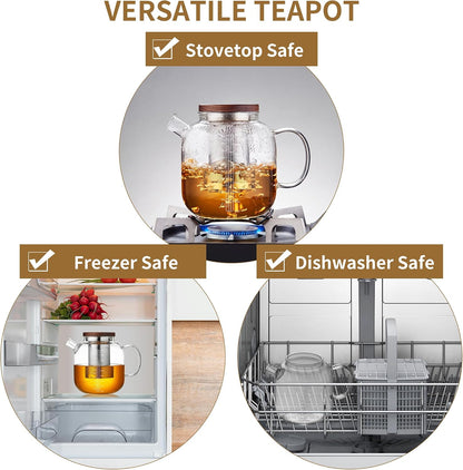 Glass Teapot with Infuser and Lid, 61oz/1.8L Large Borosilicate Glass Tea Pot with Removable Stainless Steel Strainer, Heat-Resistant Handle, Stovetop Safe Tea Kettle for Loose Leaf, Blooming Tea