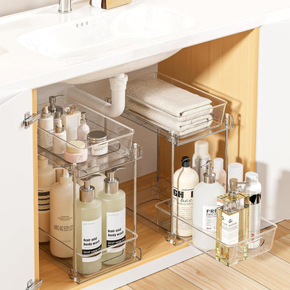Vtopmart 2 Pack Pull Out Bathroom Under Sink Organizer (S-Standard) | Slide-out drawers, Multi-purpose storage, Clear visibility, Easy Set-up