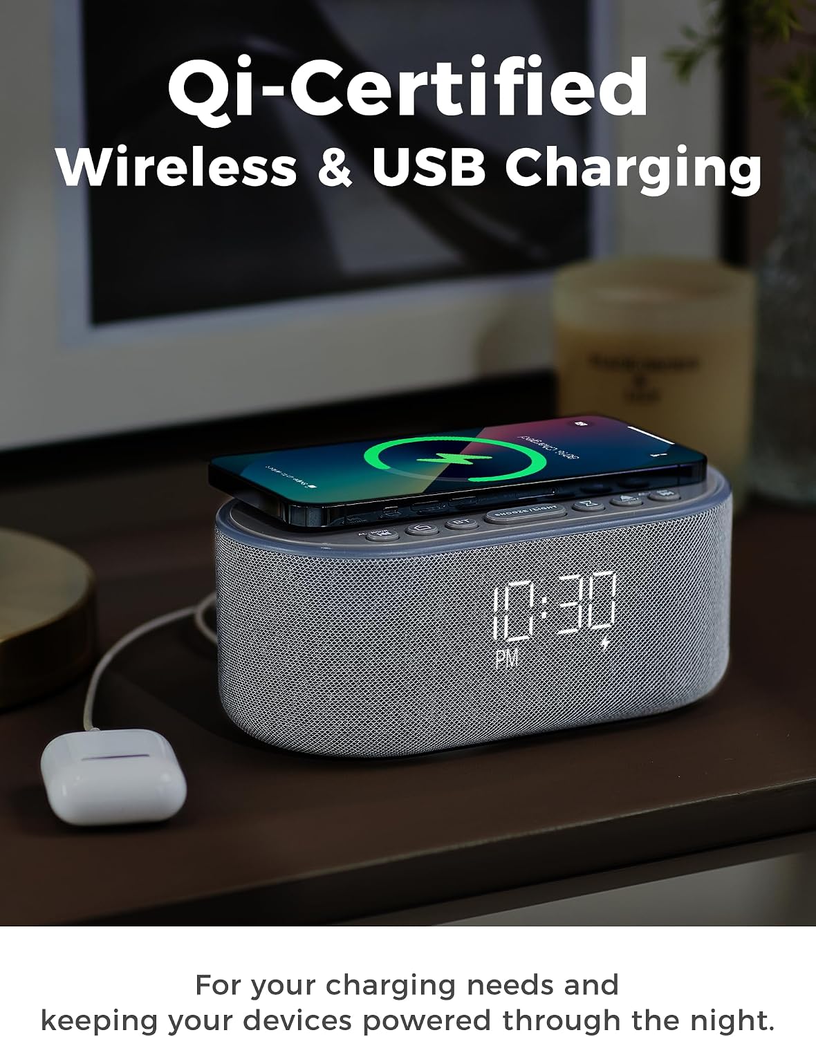 Odokee Qi Certified Wireless Charging Alarm Clock Radio for Bedroom