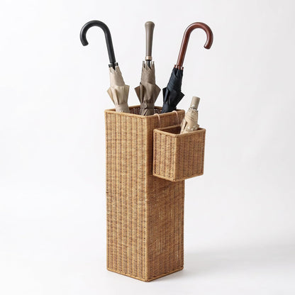 Rattan Umbrella Stand with Small Basket & Drip Tray, Umbrella Holder for Entryway, Tall Wicker Basket for Storage, Woven Organizer for Inoor, Outdoor, Home, Office, Hotel