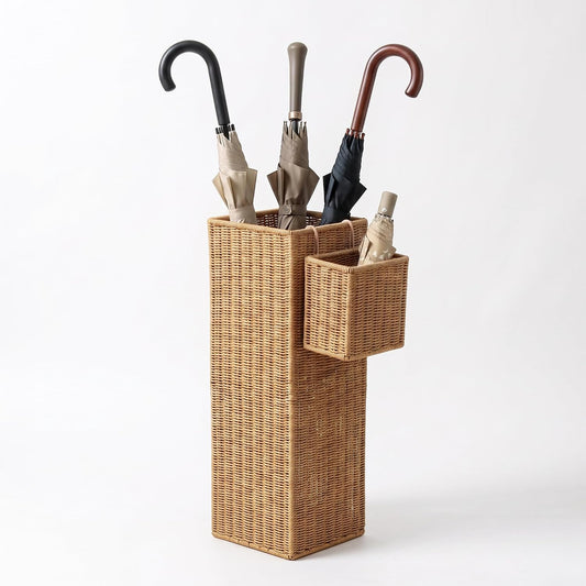 Rattan Umbrella Stand with Small Basket & Drip Tray, Umbrella Holder for Entryway, Tall Wicker Basket for Storage, Woven Organizer for Inoor, Outdoor, Home, Office, Hotel