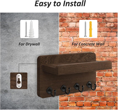 Nekon Key Holder Wall Mount, 8.5 Inch Small Wooden Wall Organizer, Black | Rustic Wall Shelf, Farmhouse Key and Mail Holder for Living Room Entryway Kitchen