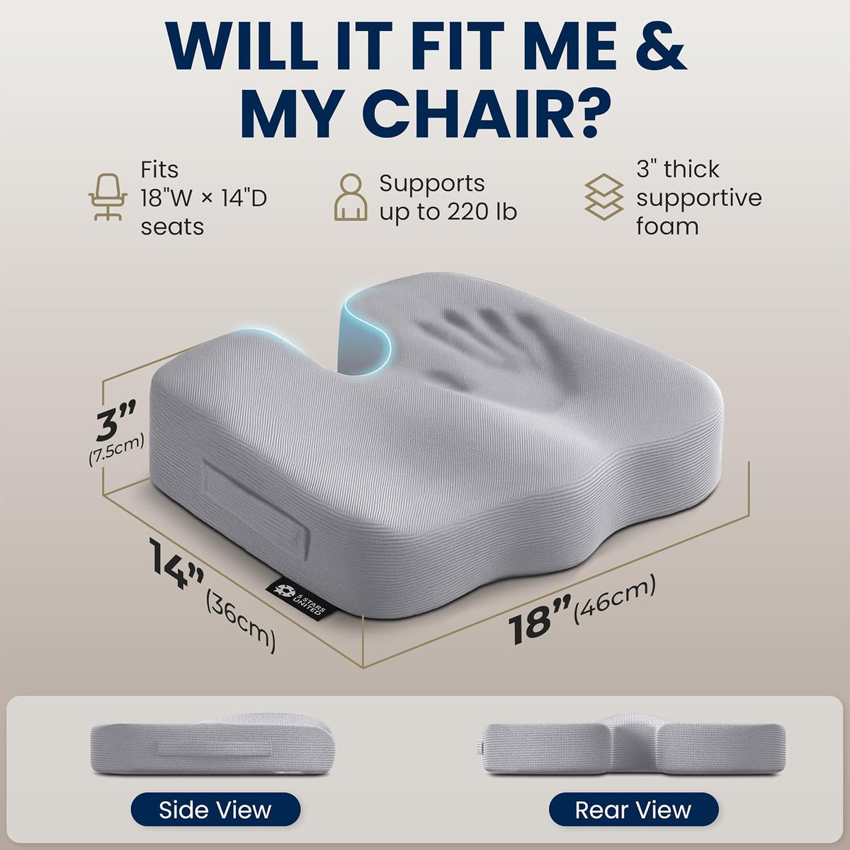 5 STARS UNITED Seat Cushion - Memory Foam Chair Cushion for Tailbone Pain Relief - Ergonomic Support for Coccyx, Sciatica & Butt - Office, Desk & Gaming Chair, Car Seat, Wheelchair, Airplane, Black