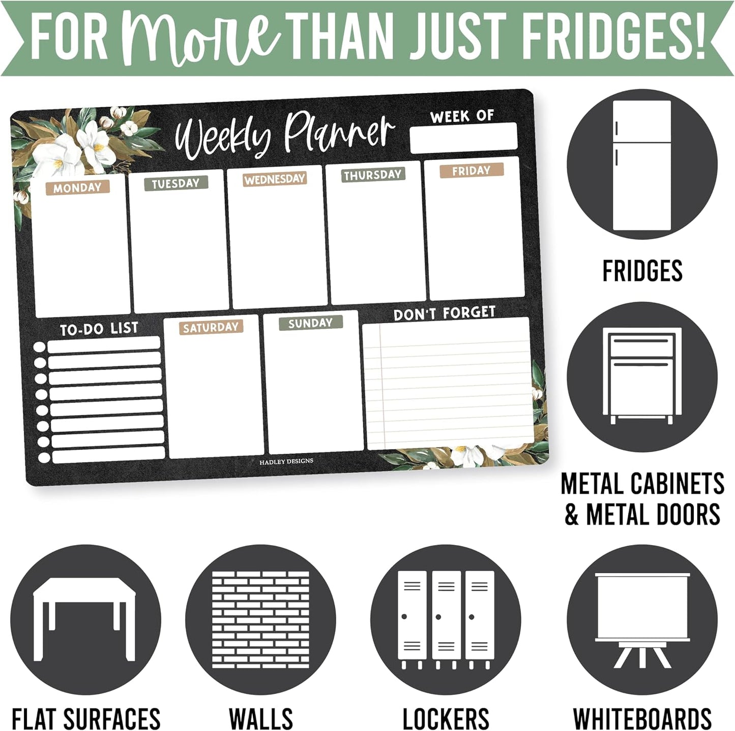 Hadley Designs Magnetic Weekly Planner for Fridge - Greenery Weekly Dry Erase Board, Week Magnetic Calendar for Refrigerator, Week Planner Board, Magnet Schedule Planners for Fridge