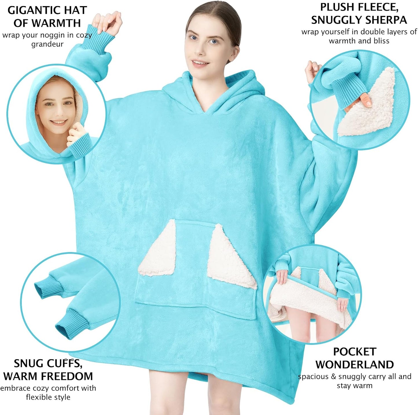 Wearable Blanket Hoodie, Oversized Sherpa Fleece Sweatshirt Blanket with Giant Hood Pocket and Sleeves for Adult, Warm & Cozy Grey Blanket Gifts for Women