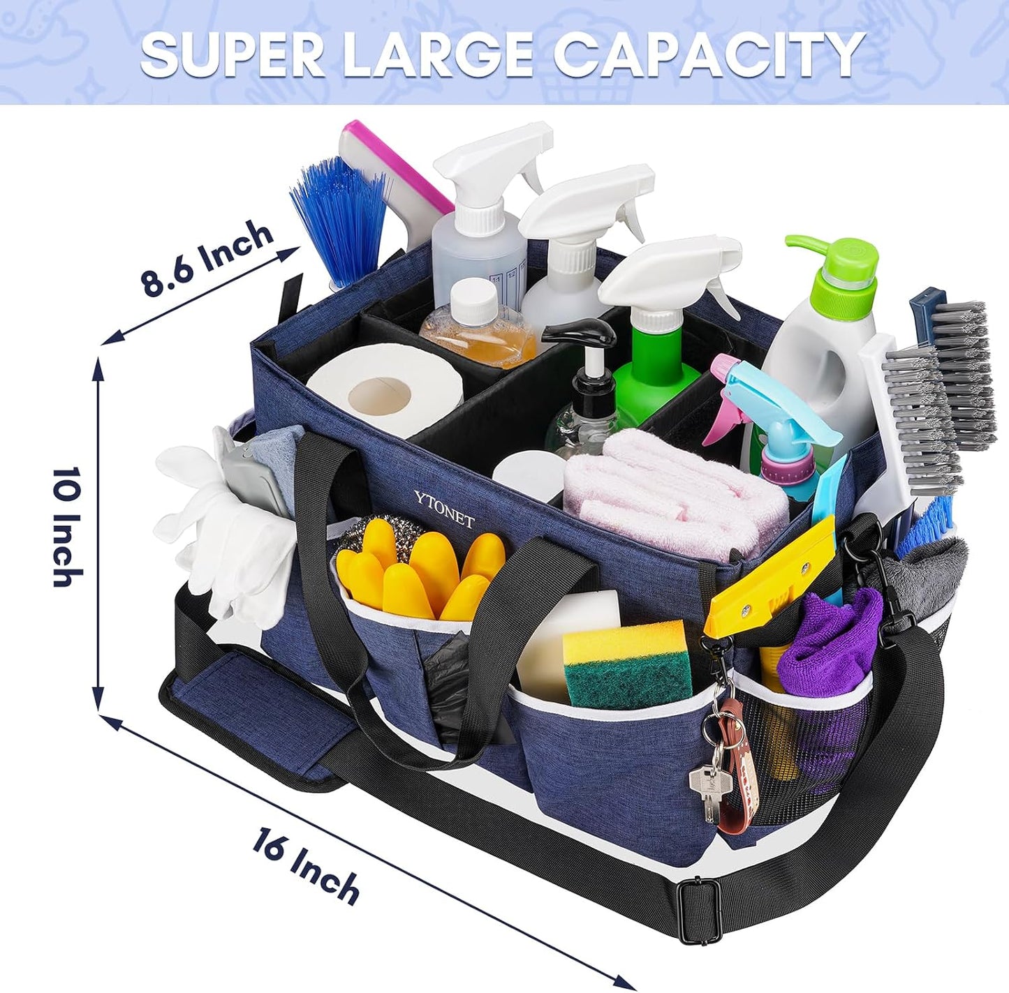 Ytonet Wearable Cleaning Caddy Bag, Large Cleaning Supplies Organizer, Blue | with 4 Foldable Dividers, Shoulder Strap&Waist Strap, Professional Cleaning Bag with Handle for Kitchen Housekeepers Cleaners