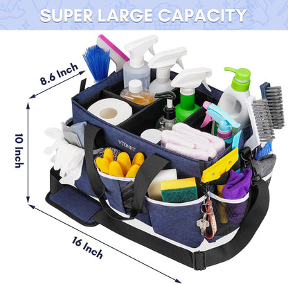 Ytonet Wearable Cleaning Caddy Bag, Large Cleaning Supplies Organizer, Blue | with 4 Foldable Dividers, Shoulder Strap&Waist Strap, Professional Cleaning Bag with Handle for Kitchen Housekeepers Cleaners