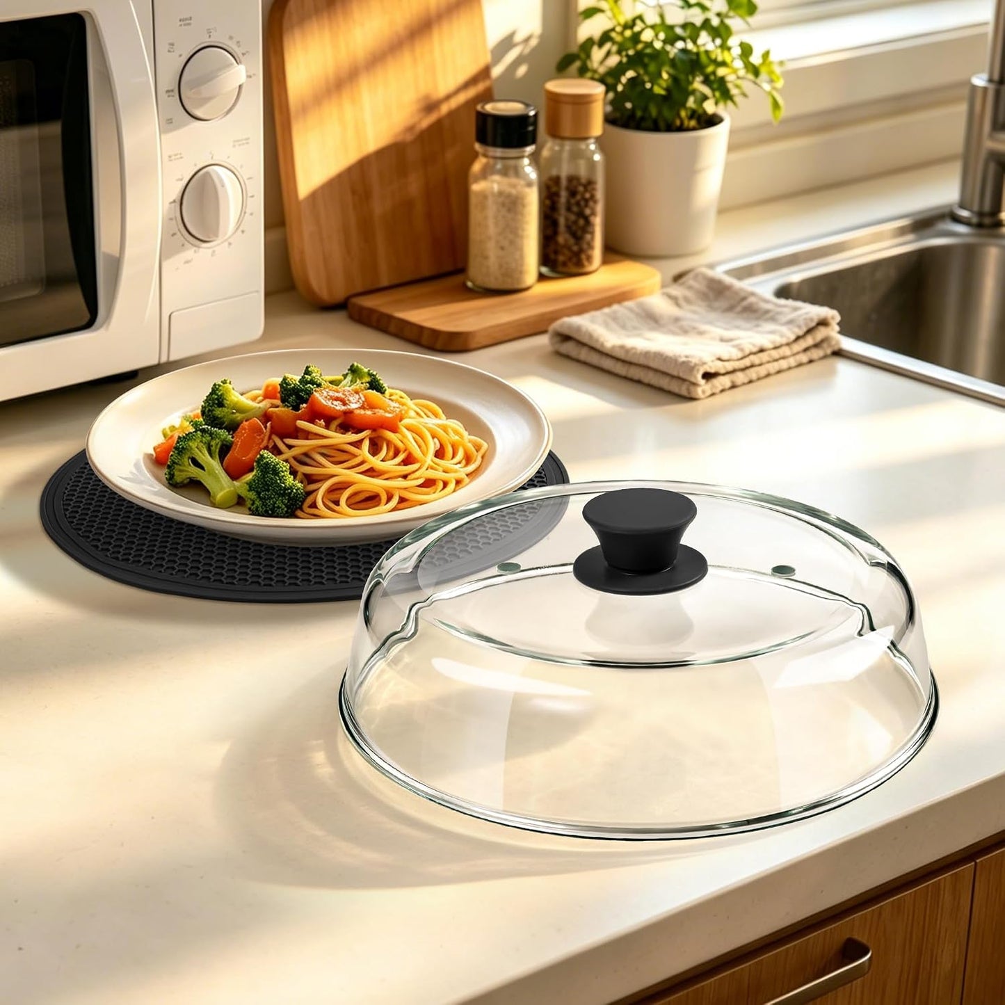 10inch Glass Microwave Splatter Cover for Food with Silicone Mat – Heat Resistant Plate Splatter Guard Lid with Vent Holes & Easy-Grip Handle – BPA Free, Dishwasher Safe