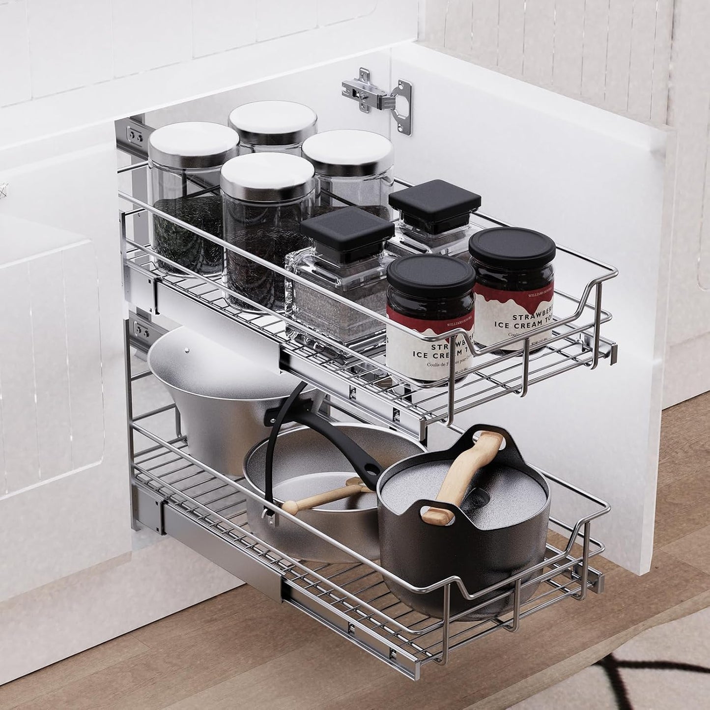 Pull Out Cabinet Organizer 15" W X 22" D, Chromed, Full Slide Out Drawers | For Kitchen Organizers and Storage, Pull Out Drawers For Cabinets Capacity Heavy Duty Caddy, Cabinet Shelves, Bathroom Pantry