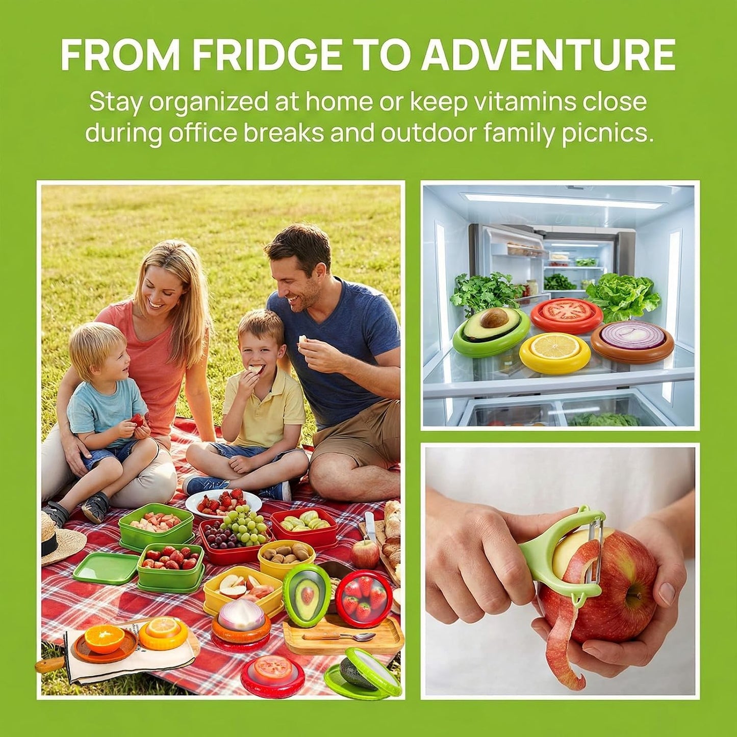 Avocado Saver for Fridge, 5-Piece Produce Saver Set with Peeler | 4 reusable silicone storage pods plus 1 fruit peeler for avocado, tomato, onion and lemon, ideal for office snacks or camping