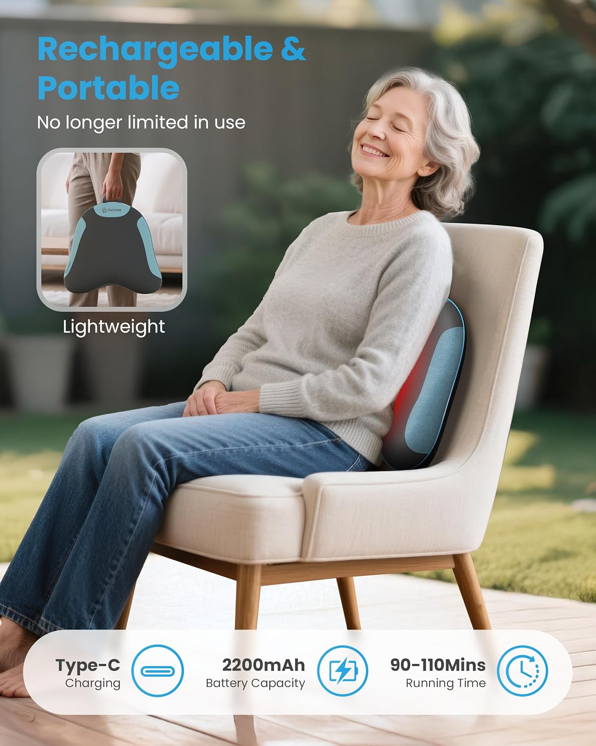 COMFIER Lumbar Support Cushion with Kneading Massage, Heat & Vibration, Ergonomic Back Support Pillow for Office Chair, Seat & Sofa Adjustable Comfort, Gray