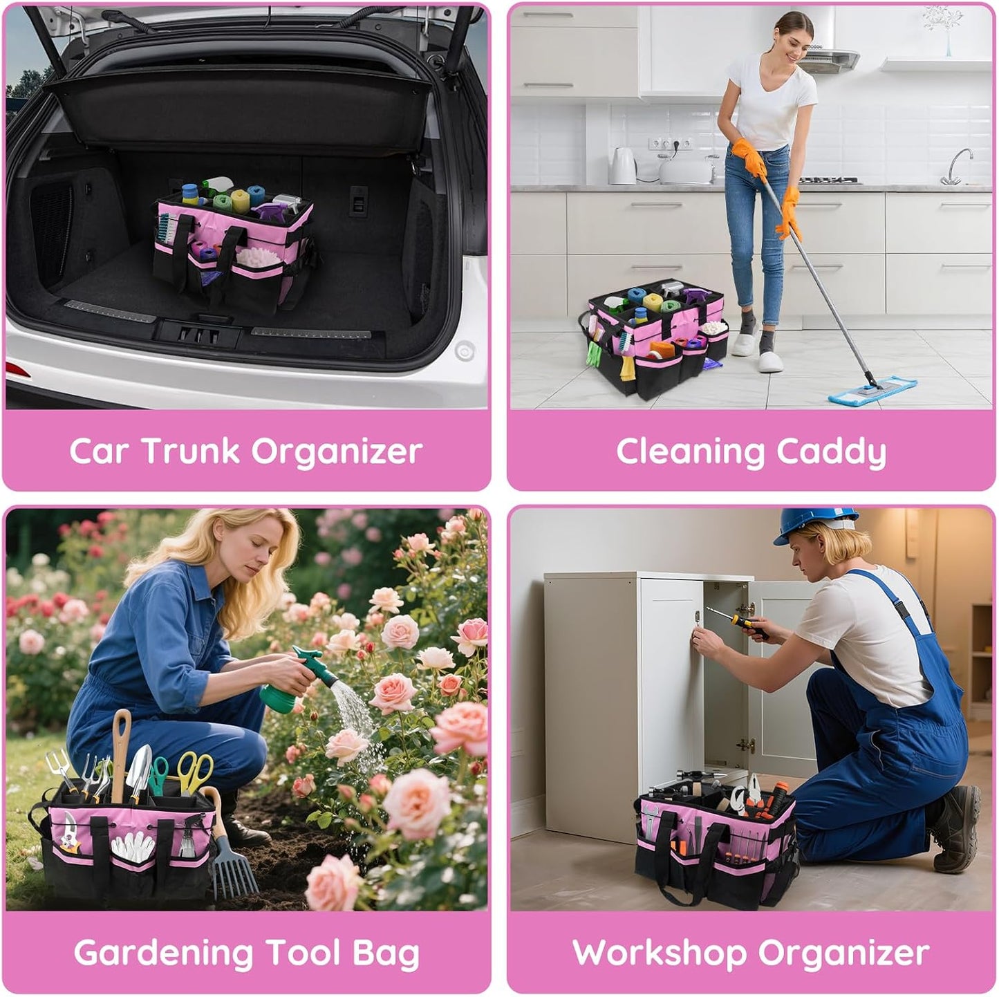 ZKOO Large Cleaning Caddy Bag with Handle, Built-in Sturdy Support Board, Adjustable Shoulder Strap, Multi-compartment Design Cleaning Supply Tote for Cleaners & Housekeepers (Pink)