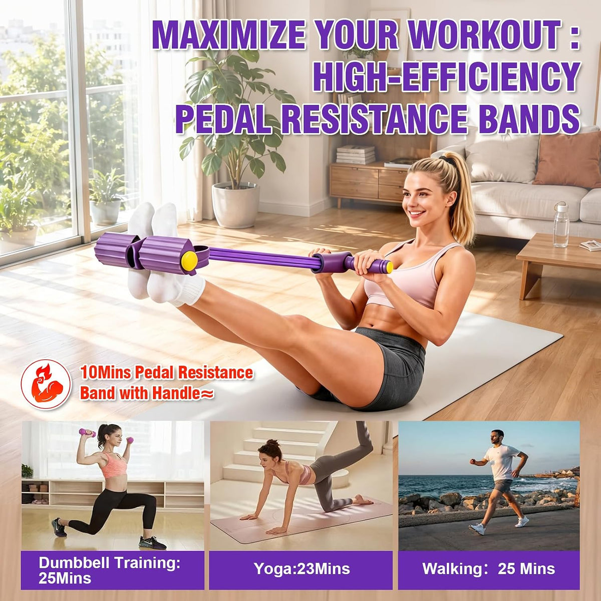 Foot Pedal Resistance Bands with Handles, Multifunction Elastic Yoga Exercise Bands, Home Gym Fitness Equipment for Women & Men to Tone Abs, Core, Legs, Arms, Waist