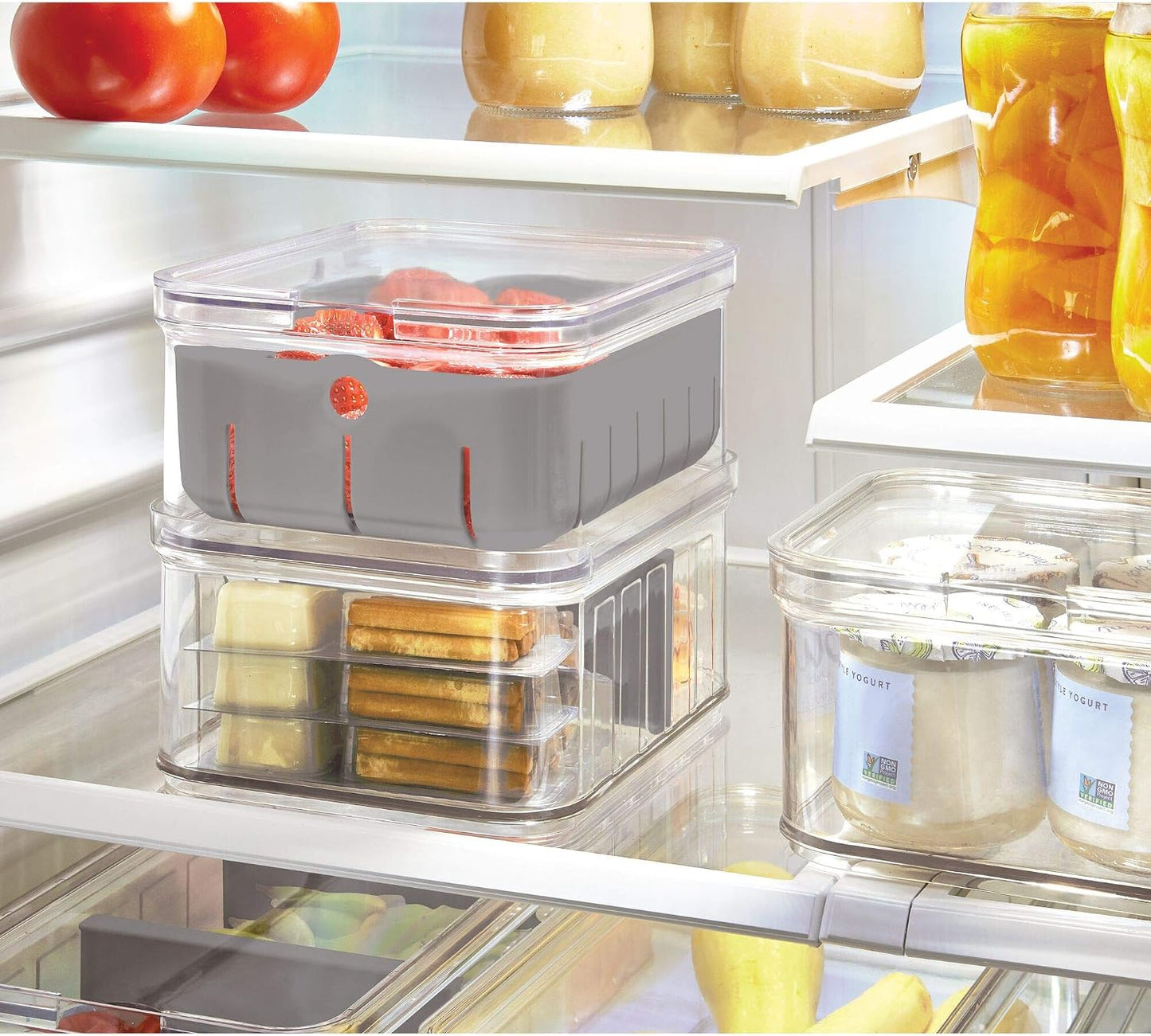 iDesign Small Fridge Berry Bin with Removable Colander Basket and Lid - Set of 2 - Clear/White