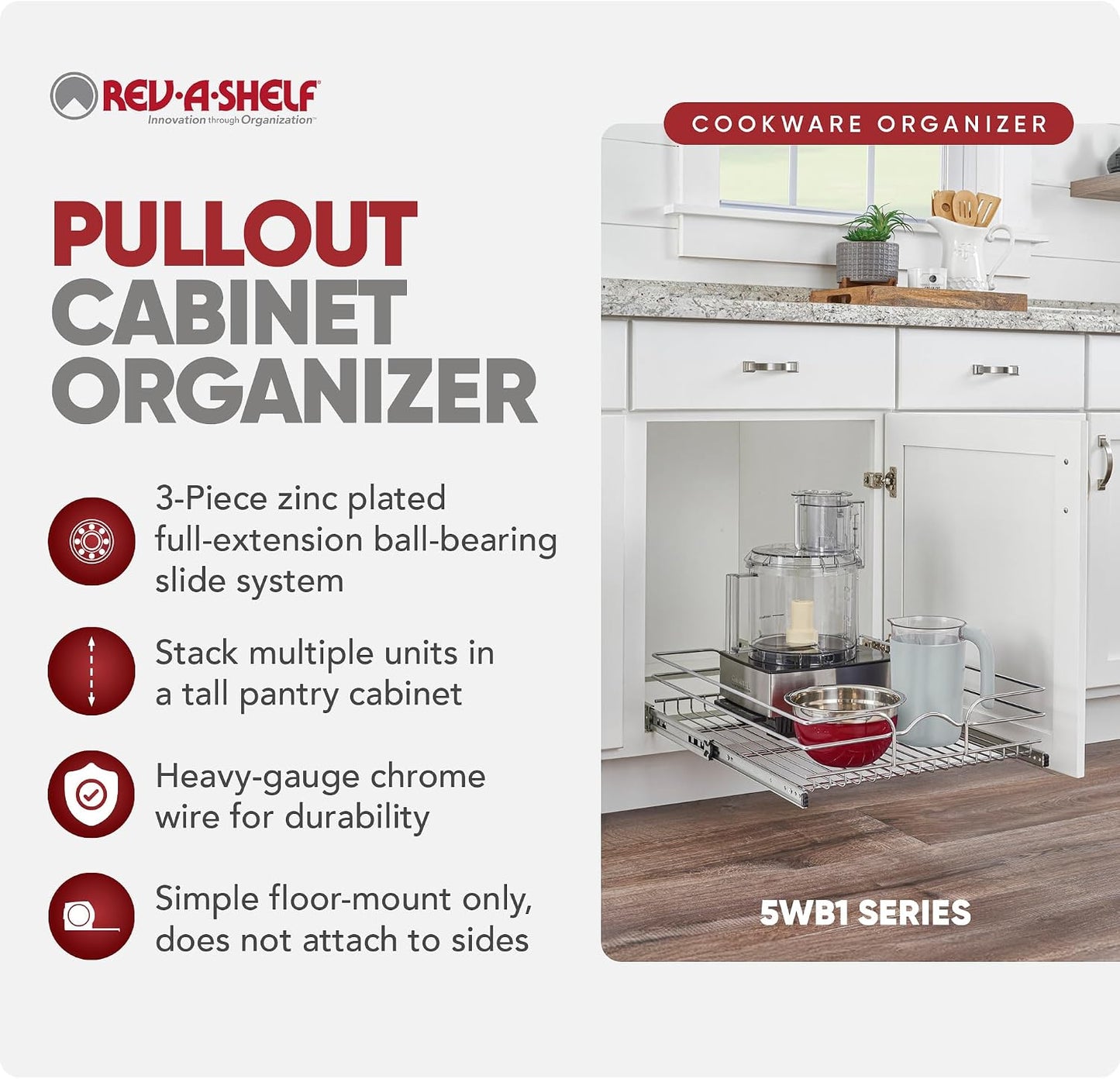 Rev-A-Shelf Pullout Organizer for Cabinets, Min Opening Width of 18" | STwo-Tier Steel Shelf for Kitchen or Vanity Cabinet Organization, Heavy Gauge Wire Slide Out Storage Basket, 5WB2-1822CR-1