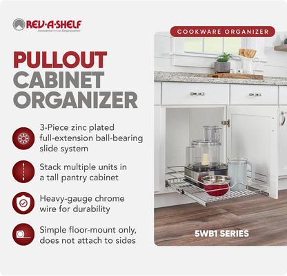 Rev-A-Shelf Pullout Organizer for Cabinets, Min Opening Width of 18" | STwo-Tier Steel Shelf for Kitchen or Vanity Cabinet Organization, Heavy Gauge Wire Slide Out Storage Basket, 5WB2-1822CR-1