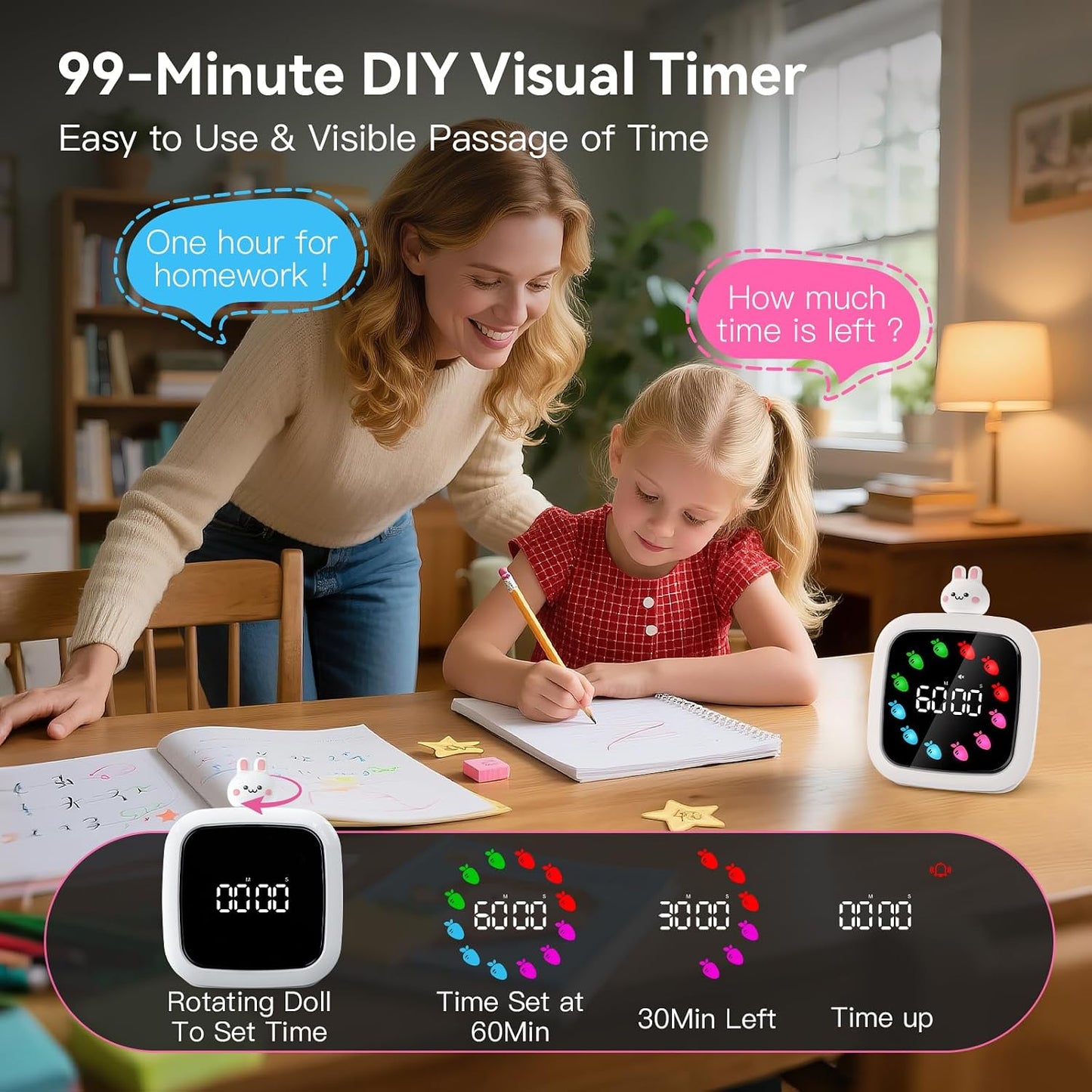 Yunbaoit Digital Visual Timer for Kids, 99-Minute Countdown, Rechargeable | 19 Music Alarm, Pause Function, 9 Optional DIY Color Planet Display, Robot Doll, for Study, Homeschool, Kitchen