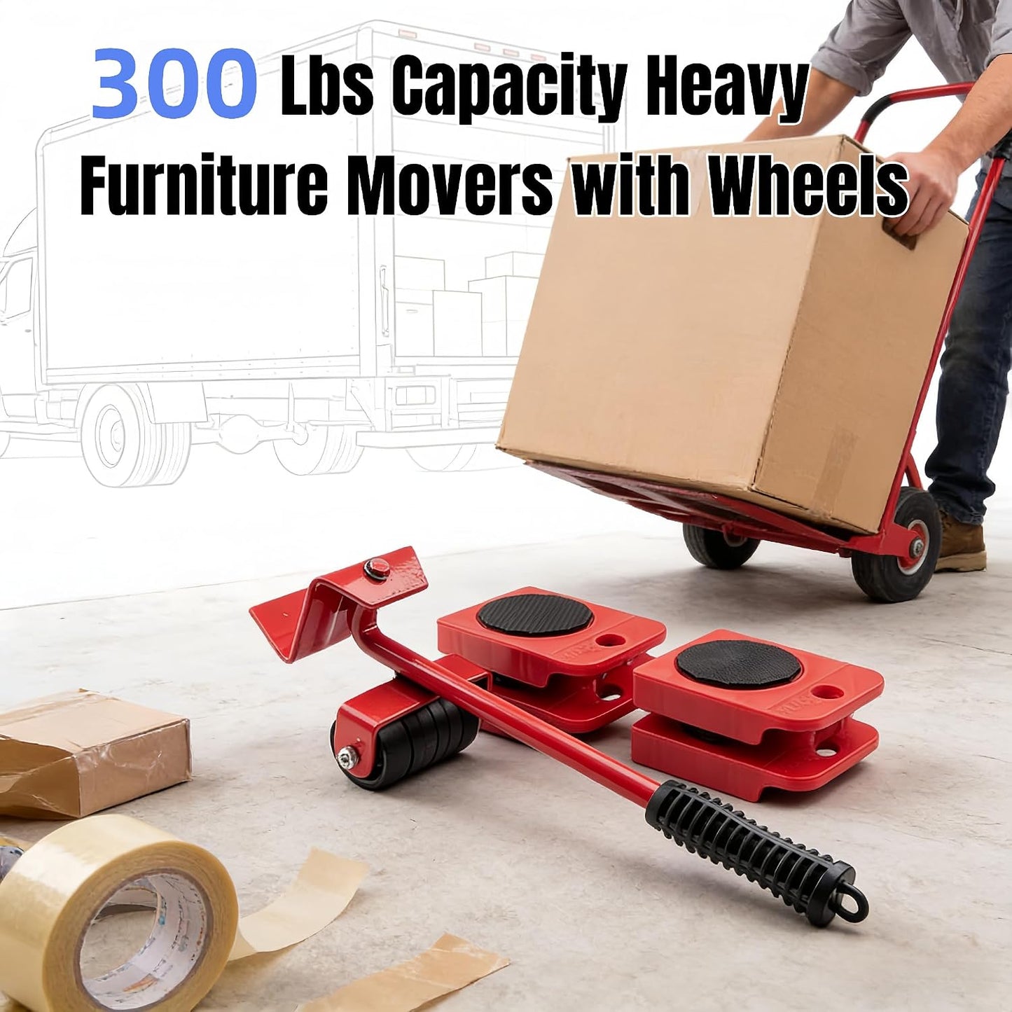 300 Lbs Capacity Heavy Furniture Dollies with Wheels – Furniture Moving Tool Set (1 Lever + 4 Sliders) – Appliance Lifter & Floor Protector Kit for Sofas, Fridges, Kitchen Appliances, Heavy Furniture