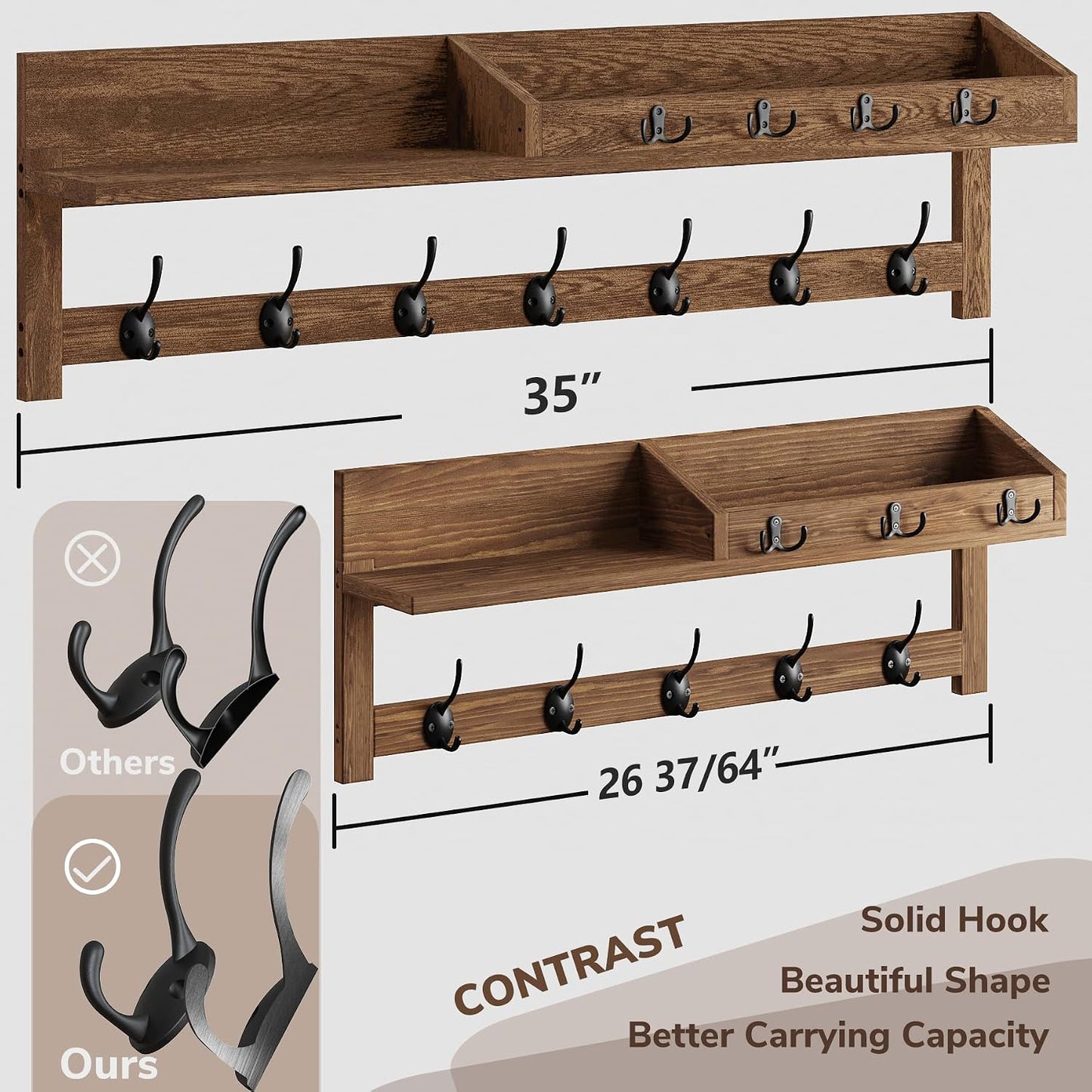 AMBIRD Wall Hooks with Shelf, 26.57 Inch Entryway Wood Coat Hooks for Wall with Shelf, Coat Rack Wall Mount with 5 Dual Hooks 3 Key Hooks Mail Organizer and Key Rack Holder (Brown)