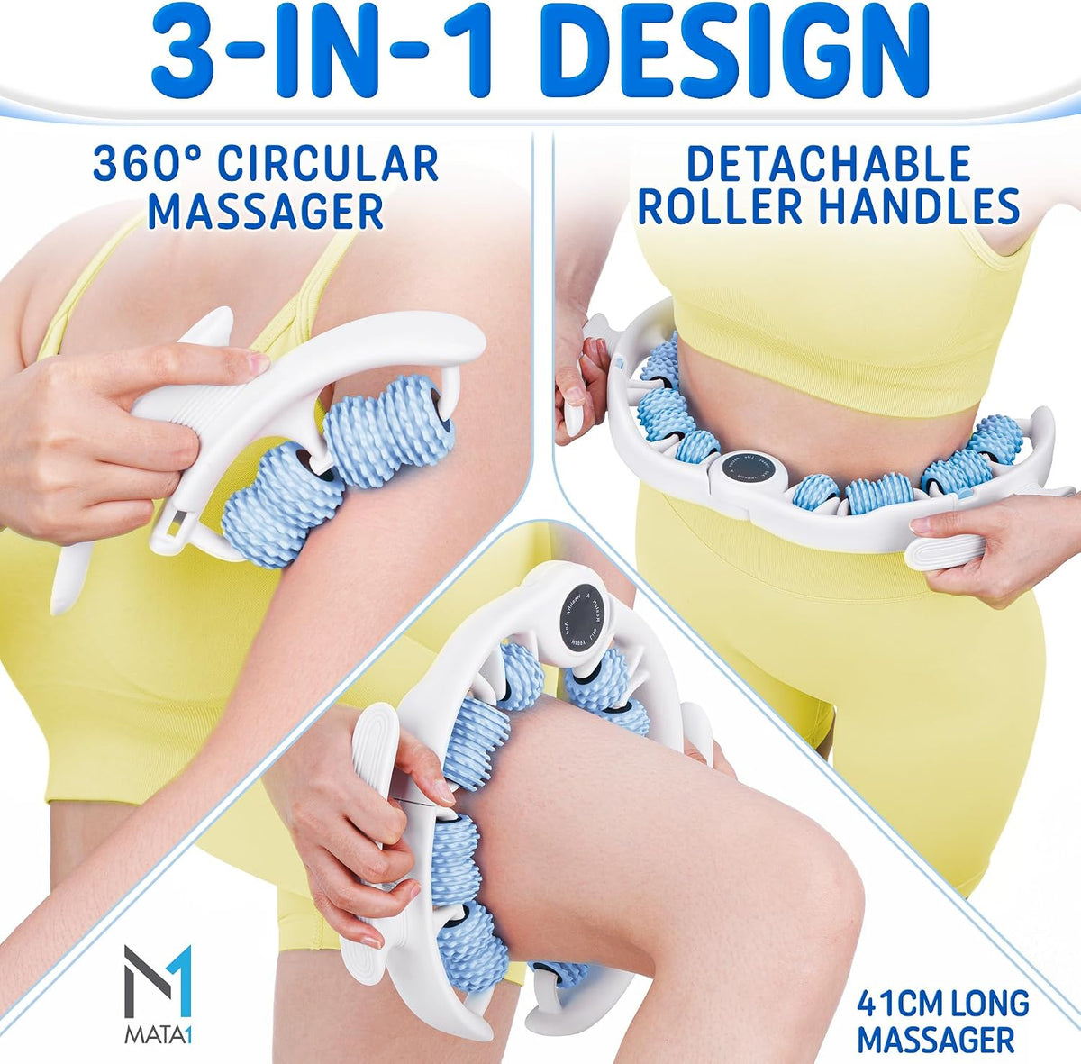 Cellulite Massage Roller - Handheld Fascia Massager for Legs, Thighs, Buttocks & Belly - Blue - Deep Tissue Massage Tool with Detachable Handles for Lymphatic Drainage & Muscle Recovery - by Mata1