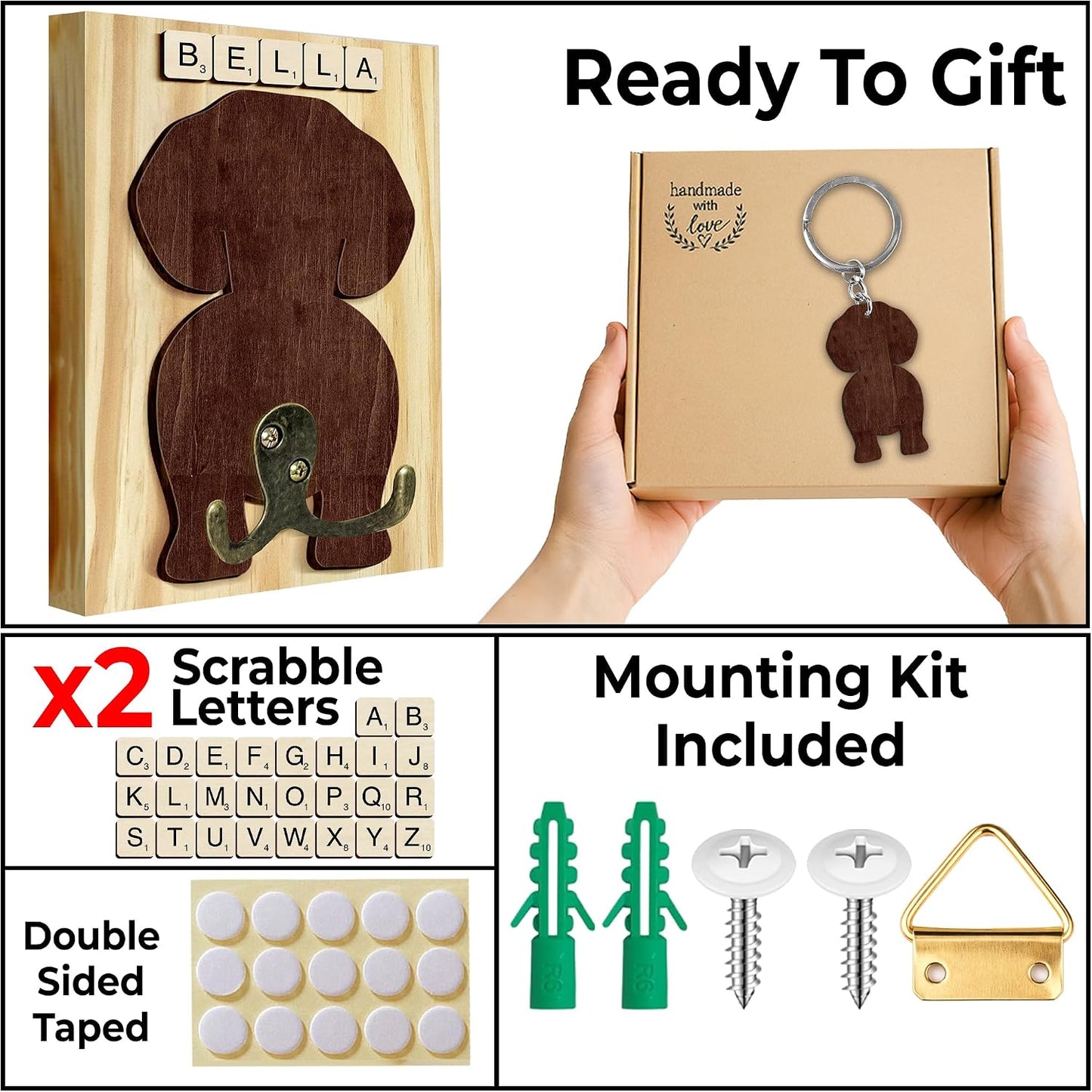 Dog Leash Holder Wall Mount, Pet Harness Hanger with Scrabble Letters, Dog Collar Organizer for Entryway, Memorial Cat Leash Holder for Wall, Pet Loss Gifts, Keepsake, Home Decor PF212-NAT