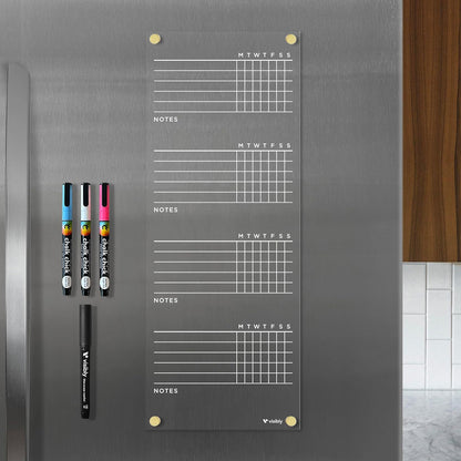Magnetic Acrylic Chore Chart for Fridge - 7” x 18” Wet-Erase Task Board with 4 Magnetic Markers, Clear Reusable Refrigerator Organizer with Black Magnets
