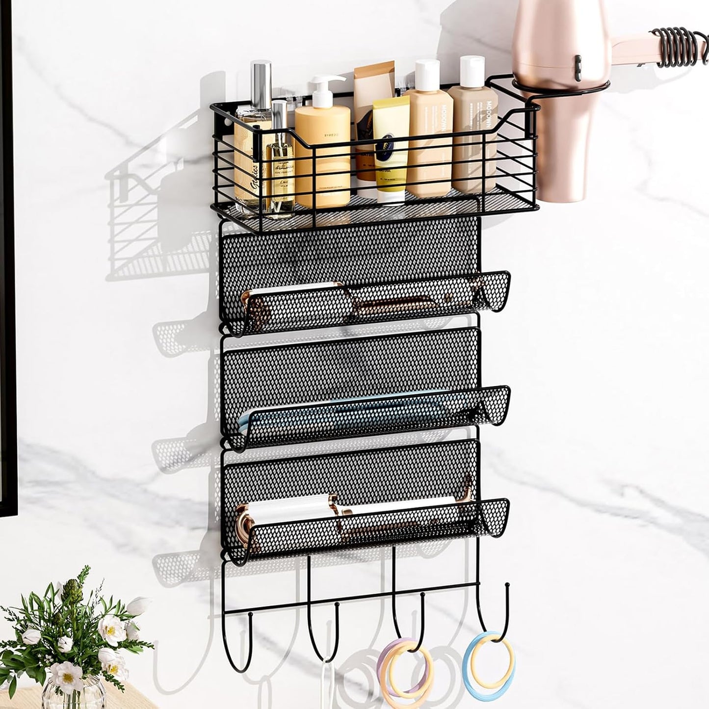 3 Tier Hair Tool Organizer Wall Mount, curling iron holder Basket, Black | Metal Mesh, Hair Dryer Holder, Bathroom Hair Styling Tool Organizer, Blow Dryer Holder, Hair Straightener Organizer