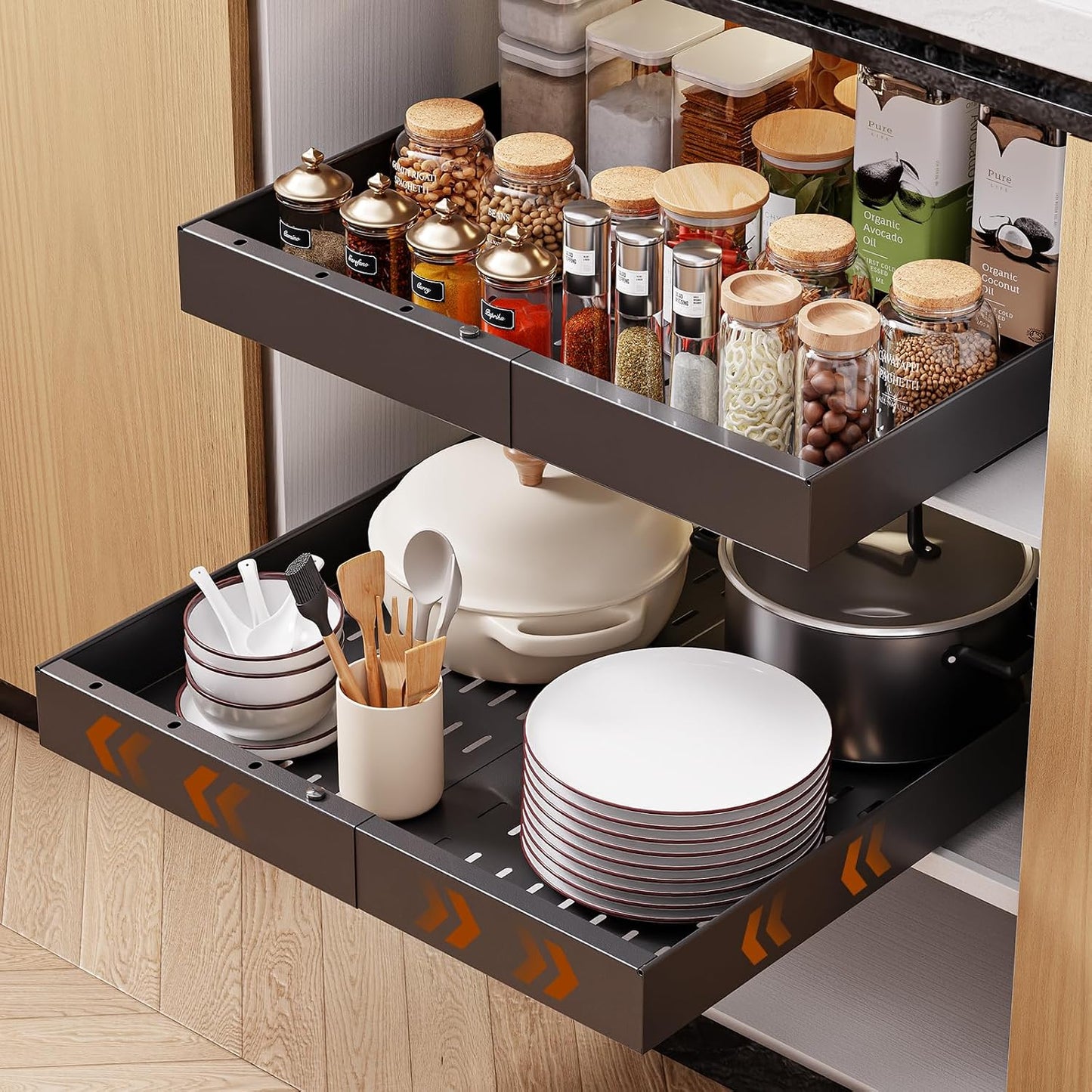 Pull Out Cabinet Organizer, 21"Deep Slide Out Drawers for Kitchen Cabinets | Adjustable Width 12.05"-20.4", For Framed/Frameless cabinets, No Drill Adhesive, 3‑Rail Smooth Glide, Height-Raising Pads