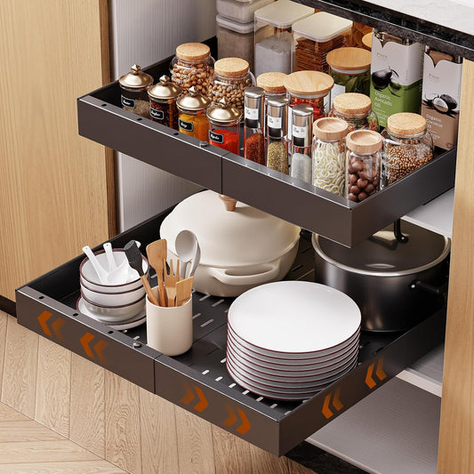 Pull Out Cabinet Organizer, 21"Deep Slide Out Drawers for Kitchen Cabinets | Adjustable Width 12.05"-20.4", For Framed/Frameless cabinets, No Drill Adhesive, 3‑Rail Smooth Glide, Height-Raising Pads