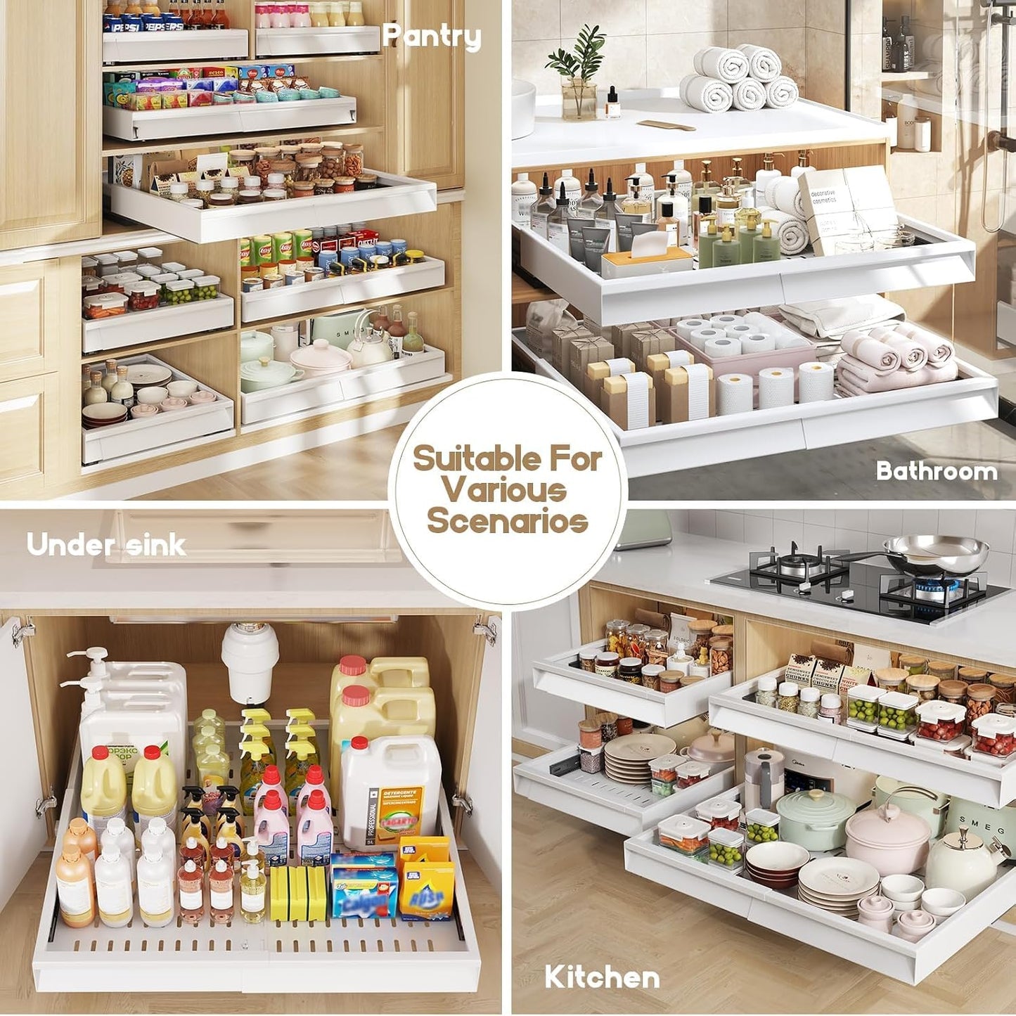 Seinloes Pull Out Cabinet Organizer, 4-Side Expandable to Fit Most Cabinets, 3 Rail Slide Out Drawers with Raising Pad for Framed & Frameless Cabinets, 13"-21" W x 17"-24" D, White, 2 Pack