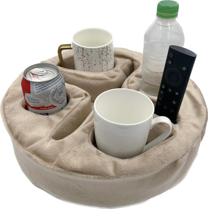 Xchouxer Couch and Bed Cup Holder Pillow, Sofa Organizer Caddy for Drinks, Remotes, Phones, Snacks (Beige)