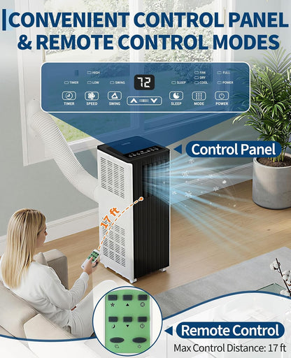 10000 BTU Portable Air Conditioner, 3 In1 Cooling Dehumidifier Fan, Quiet Fast Cooling, 4 Way Swing, LED Display, Remote, 24H Timer, 360° Wheels, Window Kit, Cools Rooms Up to 450 Sq.ft