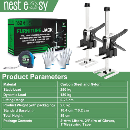 Furniture Jack 2 Pack Labor Saving Arm Jack 12IN Handle, 360 LBS Capacity | Labor-Saving Arm Jack Handle - Ideal for Cabinets, Doors, Windows & Furniture, Hand-Operated Construction Lift Solution Tools