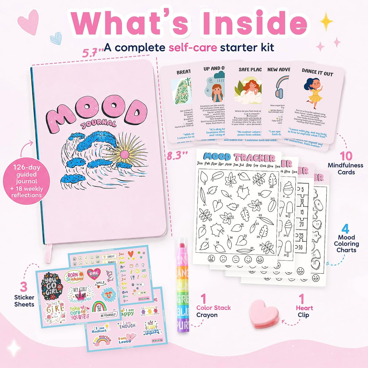 Mood Tracker Journal Set for Teen Girls & Tweens, Self Care Gift(Pink)