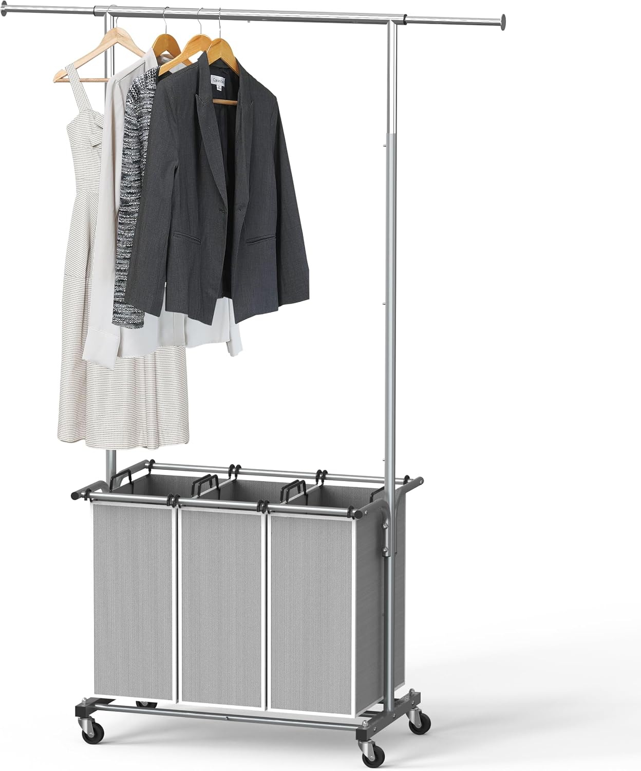 Simple Houseware Laundry Sorter Cart with Hanging Rod, Silver | Extendable Width from 30.25 to 49.25", Removable 3-Section Laundry Basket