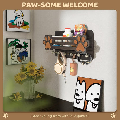 MTERSN Dog Leash Holder for Wall with Wall Shelf for Dog Lover, White | 3D Paw-print Design, Mail Holder for Wall with 6 Hooks for Dog Leash & Sunglasses, Put Dog Food Container, Rustic Home Decor