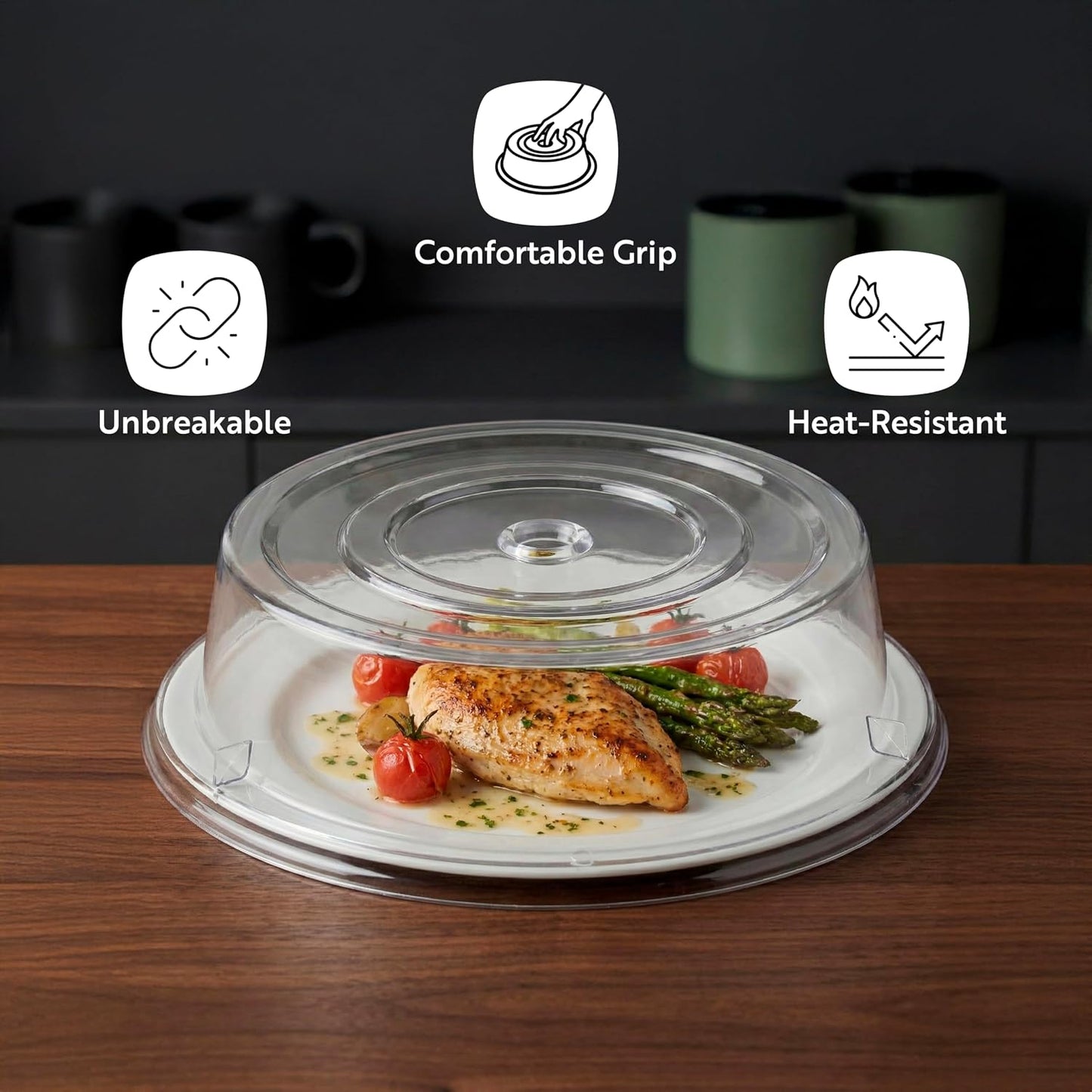 Restaurantware Cater Tek 11 Inch Polycarbonate Plate Cover 1 Shatterproof Dish Cover - Microwavable Endures Up To 210F Clear Plastic Splatter Cover With Finger Hole For 11 Inch Plates