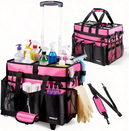 Extra Large Cleaning Caddy Bag with Built-In Support Board, Cleaning Tote Organizer with Removable Divider, Supply Carryall with Adjustable Shoulder Strap and Waist Belt for Cleaners & Housekeeper