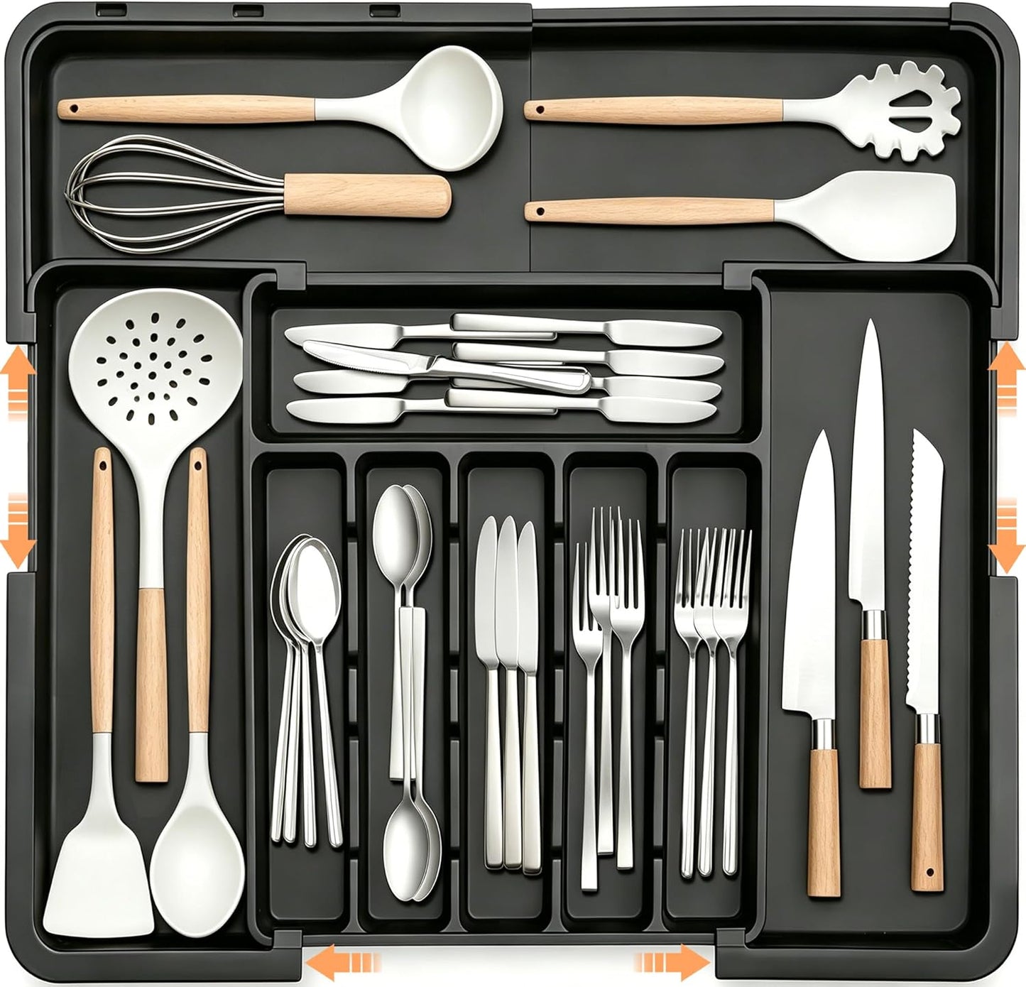 Large Silverware Drawer Organizer Expandable Kitchen Utensil Organizer BPA Free Flatware Cutlery Holder Tray Adjustable Plastic Drawer Divider Storage for Forks Knives 6-9 Slots White