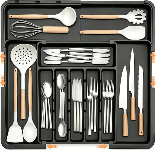 Large Silverware Drawer Organizer Expandable Kitchen Utensil Organizer BPA Free Flatware Cutlery Holder Tray Adjustable Plastic Drawer Divider Storage for Forks Knives 6-9 Slots White