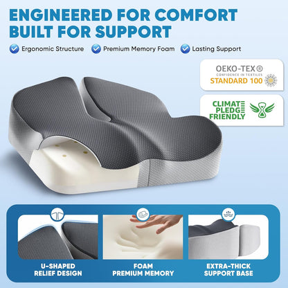 Office Chair Seat Cushion, Adjustable Height Memory Foam Cushion with Coccyx Cutout,Thick Ergonomic Seat Pad for Long Sitting, Tailbone Support for Desk Chair, Washable Cover