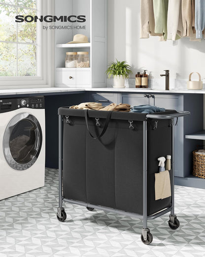 SONGMICS Laundry Basket with Wheels, 4-Section Rolling Laundry Hamper, 68.6 Gallons (260 L), Removable Liner, Steel Frame with Handle, 43.3 x 15.4 x 31.9 Inches, Cream White URLS014W01