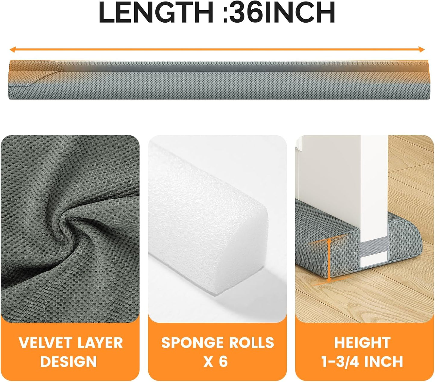 fowong Door Draft Stopper, 36" Adjustable Under Door Noise Stopper, Grey | Durable Door Draft Blocker Helps to Seal Door Gaps, Reduce Drafts, Noise, Dust & Light, Fit Doors 30"–36", Easy to Install