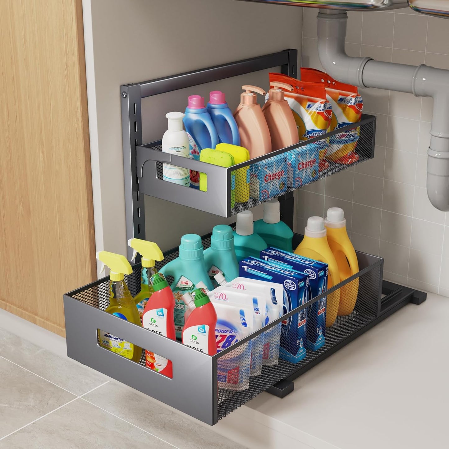 Petiza Under Sink Organizer Adjustable Height 2 Tier Bathroom Organizer Pull Out Cabinet Organer kitchen organizers and storage fridge organizers and storage,White,XL-1 Pack