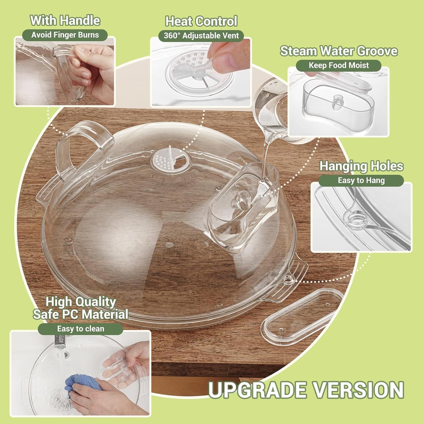 12" Clear Microwave Splatter Cover Integrated Handle BPA Free | Integrated Handle, BPA-Free, Clear PC, 12 Inch, Dishwasher Safe, Steam Vent, Food Grade, Splatter Guard,Large