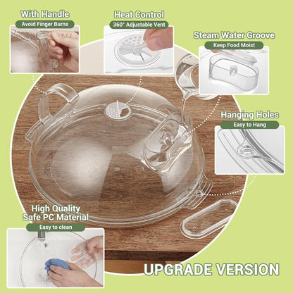 12" Clear Microwave Splatter Cover Integrated Handle BPA Free | Integrated Handle, BPA-Free, Clear PC, 12 Inch, Dishwasher Safe, Steam Vent, Food Grade, Splatter Guard,Large