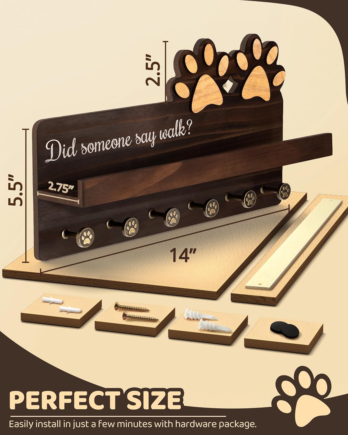 MTERSN Cute Dog Leash Holder for Wall for Pet Station Organizer, Brown