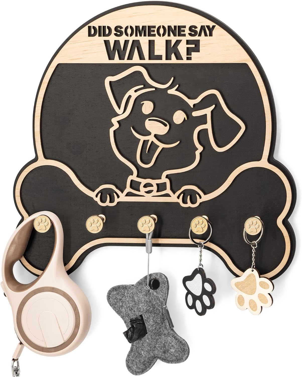 MTERSN Dog Leash Holder Wall Mount with 3D Paws Hooks, Distressed White | Bone-Shaped Dog Leash Holder for Wall, Leash Holder, 5 Dog Leash Hook, Pet Accessories Storage, Gift for Dog Lovers