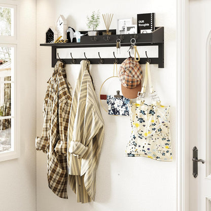 AMBIRD Wall Hooks with Shelf, 26.57 Inch Entryway Wood Coat Hooks for Wall with Shelf, Coat Rack Wall Mount with 5 Dual Hooks 3 Key Hooks Mail Organizer and Key Rack Holder (Brown)